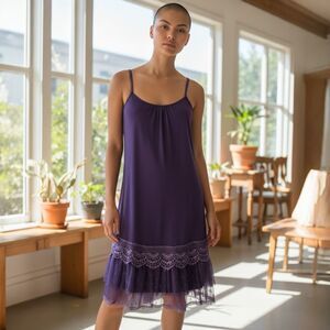 RYU: Purple Women’s 3D Floral Spaghetti Strap Lace Tiered Hem Dress